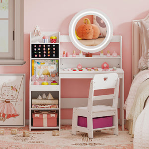 Kids Vanity Desk with Mirror and Lights Princess Pretend Play Dressing Table and Chair Set-White - Color: White