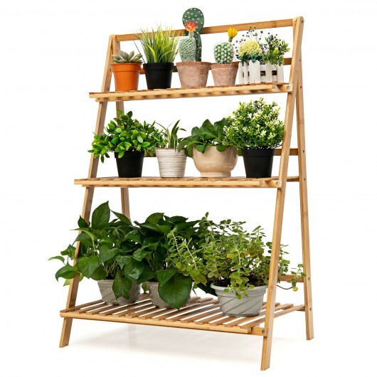 3-Tier Bamboo Foldable Plant Stand with Display Shelf Rack-Natural
