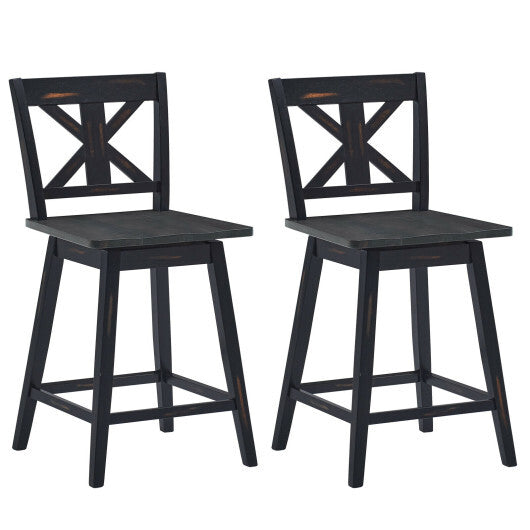Set of 2 Swivel Counter Height Bar Stools with Solid Wood Legs-White