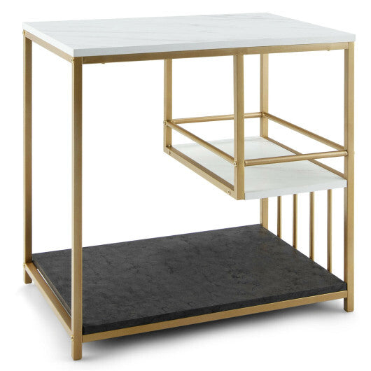3-Tier Multi-function Marble End Table with Storage Shelf-Golden - Color: Golden