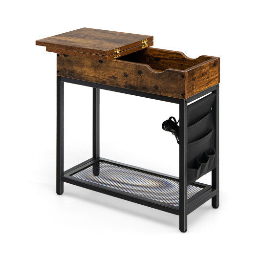 Industrial End Table with Charging Station and Flip Top-Rustic Brown - Color: Rustic Brown