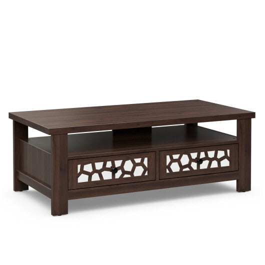 3-tier Coffee Table with 2 Drawers and 5 Support Legs-Natural