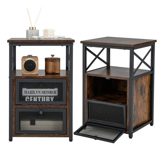 Set of 2 Modern Nightstand with 2 Flip Drawers and Open Shelf-Rustic Brown - Color: Rustic Brown