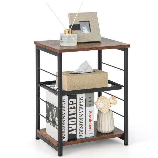 3-Tier Industrial Side Table with Adjustable Mesh Shelf-Rustic Brown - Color: Rustic Brown