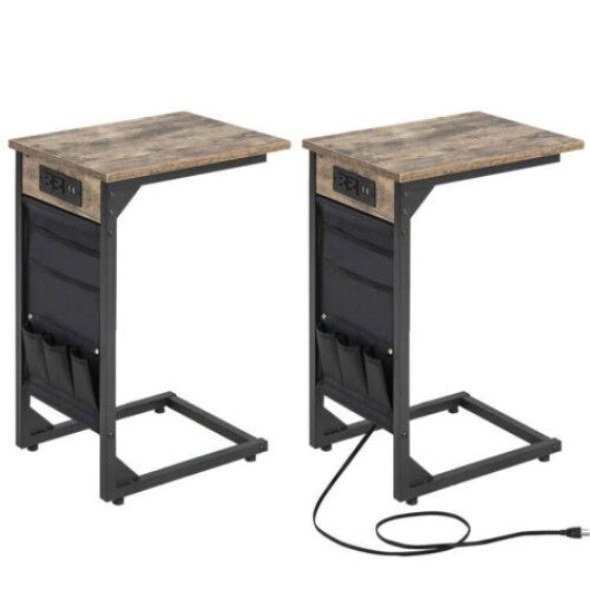 Set of 2 C Shaped End Table with Charging Station-Rustic Brown