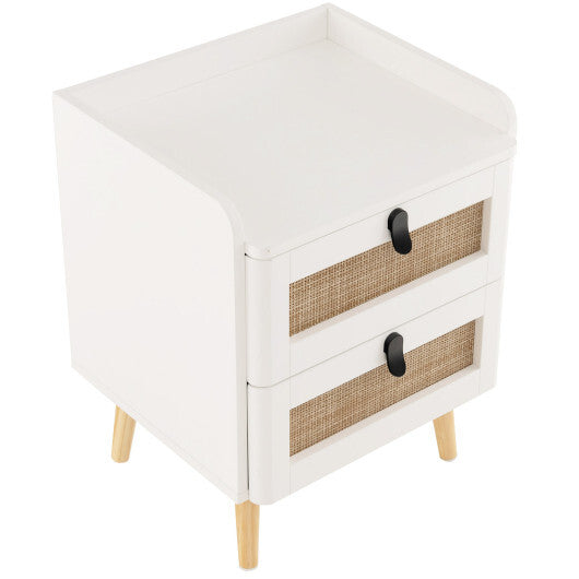 Modern End Table Bedside Table with 2 Rattan Decorated Drawers-White - Color: White