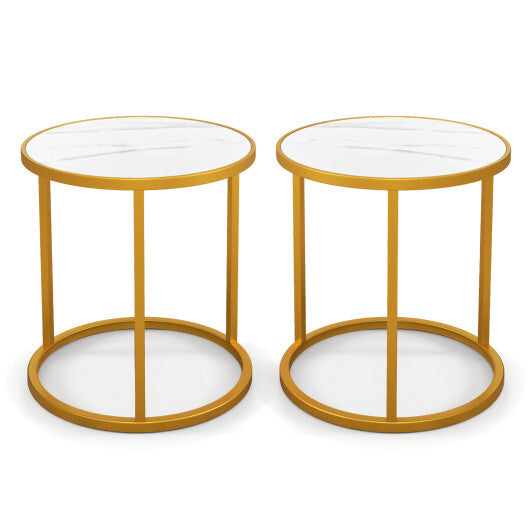 Marble Top Round Side Table 16-Inch End Table with Golden Metal Frame-2 Pieces - Color: Golden