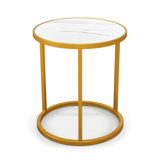Marble Top Round Side Table 16-Inch End Table with Golden Metal Frame-2 Pieces