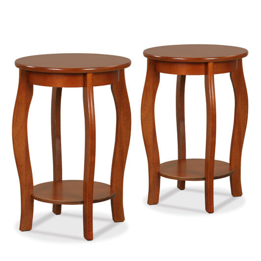 Set of 2 15 Inch 2-Tier Round End Table with Storage Shelf-Walnut - Color: Walnut