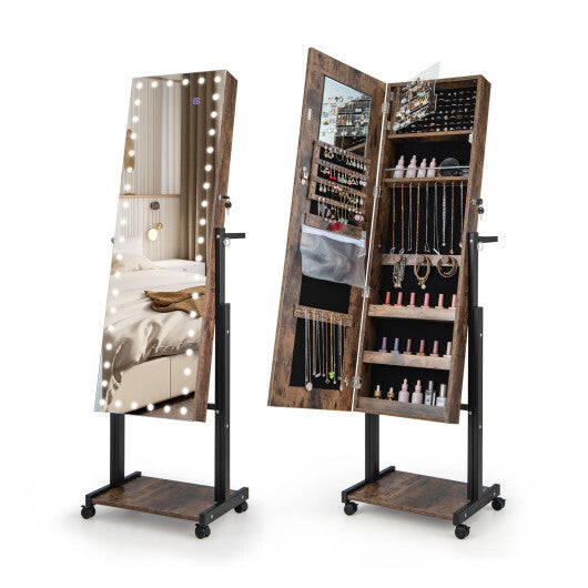 3-Color 46 LED LightsMirror Jewelry Cabinet Armoire Adjustable Height with Wheels-Brown