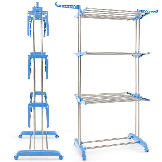 4-tier Folding Clothes Drying Rack with Rotatable Side Wings-Blue