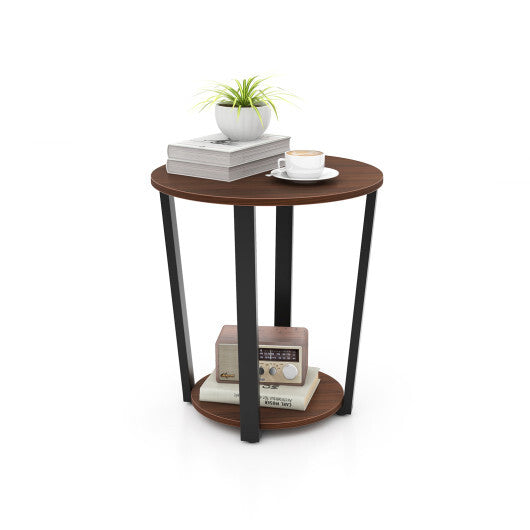 Round End Table with Open Shelf and Metal Frame-Walnut - Color: Walnut