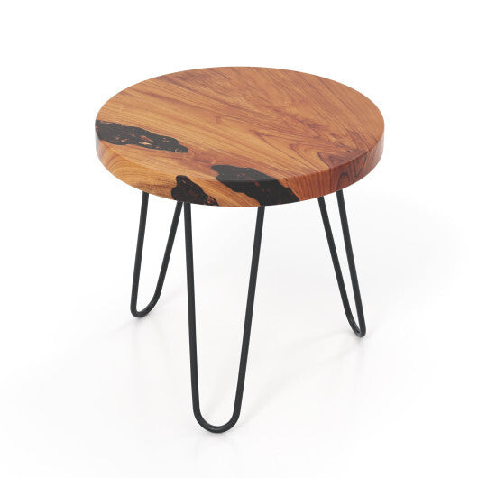 Rustic Round Solid Teak Wood Live Edge Outdoor Side End Table for Patio - Color: Brown