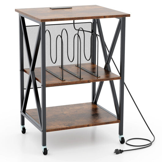 Mid-Century Record Player Stand with Built-in Charging Station-Rustic Brown - Color: Rustic Brown