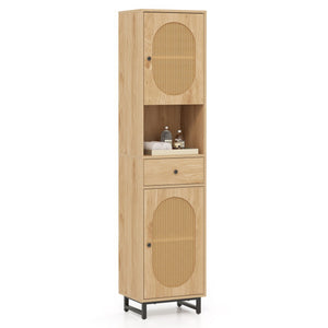 67 Inch Tall Bathroom Cabinet PE Rattan Floor Cabinet with 2 Doors-Natural - Color: Natural