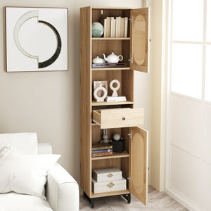 67 Inch Tall Bathroom Cabinet PE Rattan Floor Cabinet with 2 Doors-Natural - Color: Natural