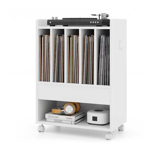 Record Rolling Turntable Player Stand with Drawer-White - Color: White