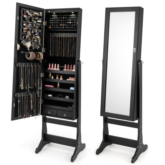 Lockable Freestanding Jewelry Cabinet Armoire with Full-Length Mirror and Lights-Black