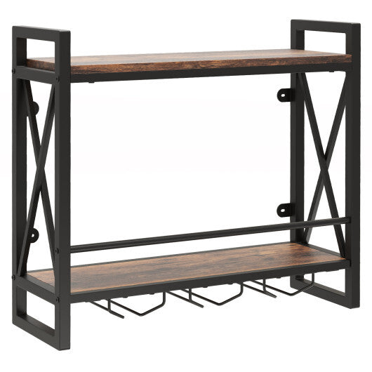Wall Mounted Wine Rack with 2-Tier Shelves and 3 Glass Holders