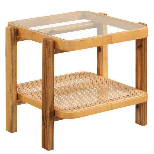 Rattan 2-Tier End Side Table with Tempered Glass Top Acacia Wood Legs-Brown - Color: Natural