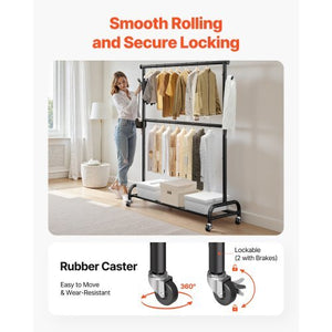 Clothes Rack, Rolling Clothing Garment Rack with Adjustable Crossbar and Side Hooks, 150 lbs Load Capacity, Heavy Duty Carbon Steel Clothing Racks with Wheels for Bedroom, Laundry, Living Room