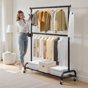 Clothes Rack, Rolling Clothing Garment Rack with Adjustable Crossbar and Side Hooks, 150 lbs Load Capacity, Heavy Duty Carbon Steel Clothing Racks with Wheels for Bedroom, Laundry, Living Room