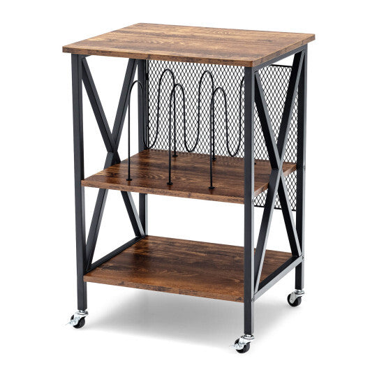 3 Tiers Vintage Style Rolling End Table with 3 Dividers for Albums-Brown - Color: Brown