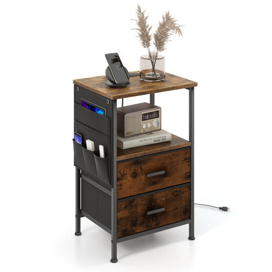 Industrial Bedside Table with USB Ports and AC Outlets for Bedroom Living Room-Set of 2