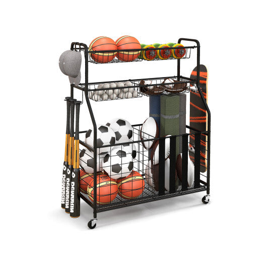 Sports Organizer with Hooks and Baskets for Basketball - Black