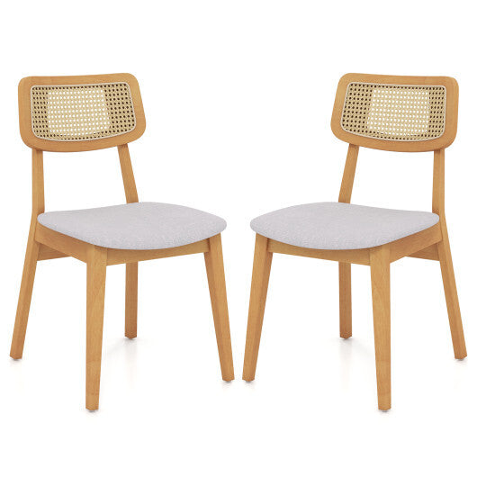 Rattan Dining Chair Set of 2 with Can Back and Rubber Wood Frame-Natural