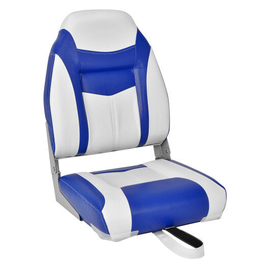 High Back Boat Seat with Blue and White Cushion - Folding Design