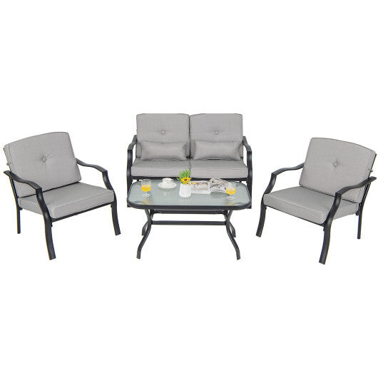 4 Pieces Outdoor Conversation Set with Seat Back Cushions and Waist Pillows-Gray