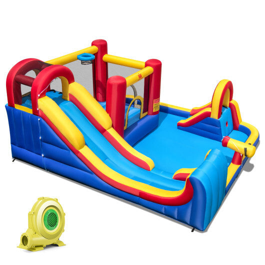 7 in 1 Outdoor Inflatable Bounce House with Water Slides and 680W Blower