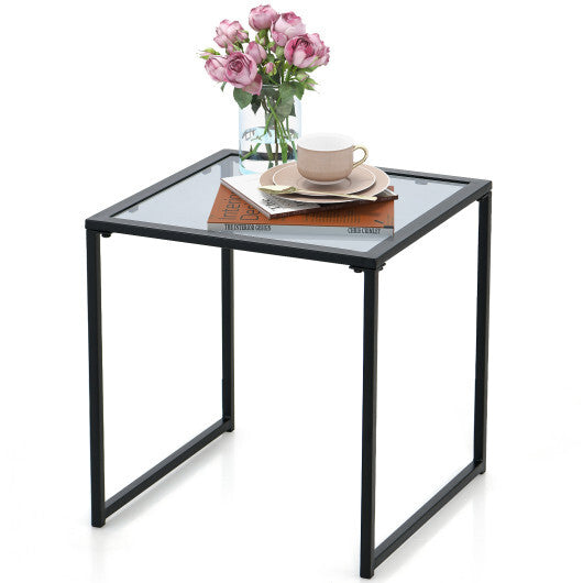 Tempered Glass Side Table with Metal Frame for Indoor and Outdoor - Color: Black