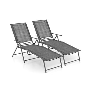 2 Piece Patio Folding Chaise Lounge Chairs Recliner with 6-Level Backrest-Gray - Color: Gray