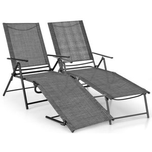 2 Piece Patio Folding Chaise Lounge Chairs Recliner with 6-Level Backrest-Gray - Color: Gray