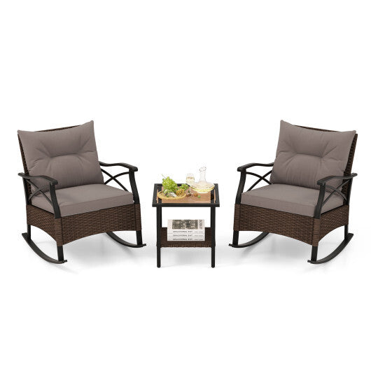 3 Pieces Outdoor Rattan Rocking Chairs Set with 2-Tier Side Table for Garden Backyard-Brown