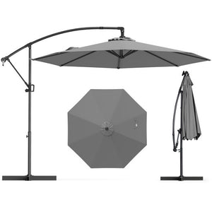 10 Feet Offset Hanging Umbrella with Base and Infinite Tilt-Gray - Color: Gray