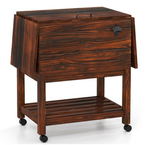 54 Quart Wooden Cooler Cart for Patio Rolling Ice Chest with Shelves-Brown