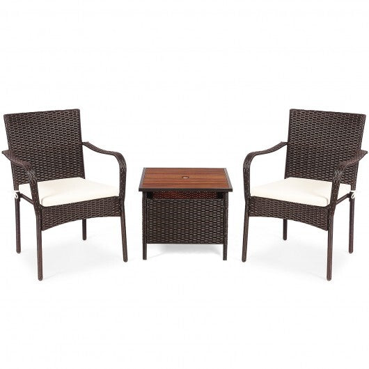 3 Pieces Patio Rattan Furniture Bistro Set with Wood Side Table and Stackable Chair