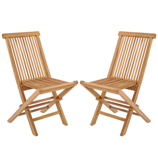Set of 2 Indonesia Teak Patio Folding Chairs with High Back and Slatted Seat
