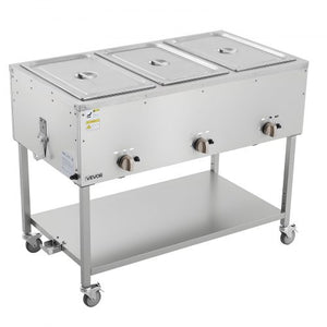3-Pan Commercial Propane Steam Table, LP Gas Outdoor Soup Warmer with Drain Valve and 3" Wheels, Stainless Steel Propane Food Warmer with Independent Temp Control, for Restaurant Outdoor Camping