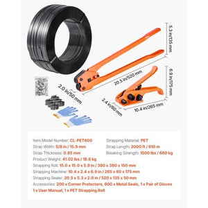 Banding Strapping Kit, Heavy Duty Banding Sealer Tool with 2000 ft PET Band, 600 Metal Seals, 200 Corner Protectors, Plastic Pallet Packaging Strapping Kit for Warehouse, Transportation, Home