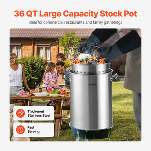 Stainless Steel Stockpot, 36 Quart Cooking Pots, Cookware Sauce Pot with Basket, Lid, and Handle, Heavy Duty Commercial Grade Stock Pot, Sanding Treatment, for Steaming Boiling or Frying Silver