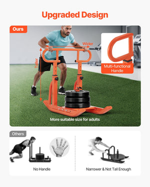 Weight Sled, Steel Power Sled, Fitness Training Sleds for Athletic Exercise Speed Improvement, Workout Equipment with Adjustable Height Handle, Compatible with 1/2 in Weight Plates, Orange