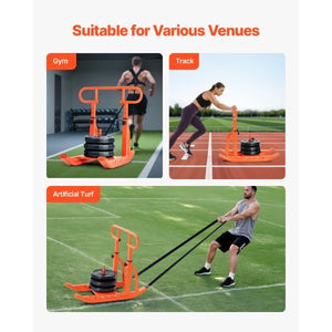 Weight Sled, Steel Power Sled, Fitness Training Sleds for Athletic Exercise Speed Improvement, Workout Equipment with Adjustable Height Handle, Compatible with 1/2 in Weight Plates, Orange