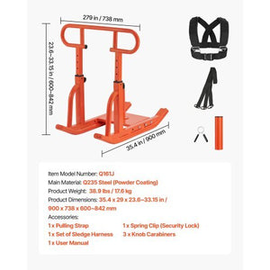 Weight Sled, Steel Power Sled, Fitness Training Sleds for Athletic Exercise Speed Improvement, Workout Equipment with Adjustable Height Handle, Compatible with 1/2 in Weight Plates, Orange