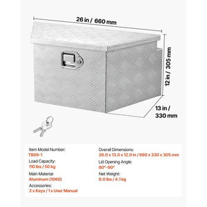 Trailer Tongue Box, 26" x 13" x 12" Aluminum Trailer Tongue Tool Box, Heavy Duty Storage Organizer with Lock and Keys, Utility Tool Chest for Pickup Truck Bed, RV, SUV, Off-Road Vehicle, Silver