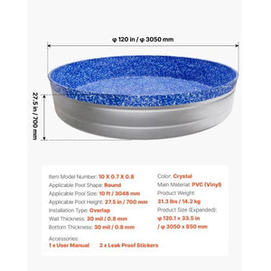 10ft Pool Liner, Round Overlap Swimming Pool Liner for 27.5 in Wall Height, Heavy Gauge Vinyl, Easy Install with Leak-Proof Patches, Designed for Steel Sided Above-Ground,Outdoor, Crystal