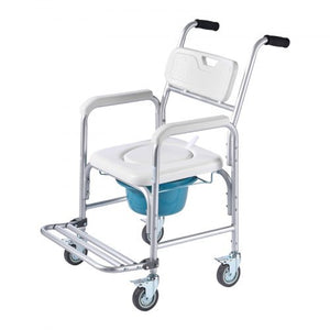 Bedside Commode Chair with Wheels, 350 lbs Capacity, 4-in-1 Portable Toilet and Raised Toilet Seat with Padded Seat/Backrest/Flip-up Footrest, Detachable 5L Bucket, Shower Wheelchair for Seniors